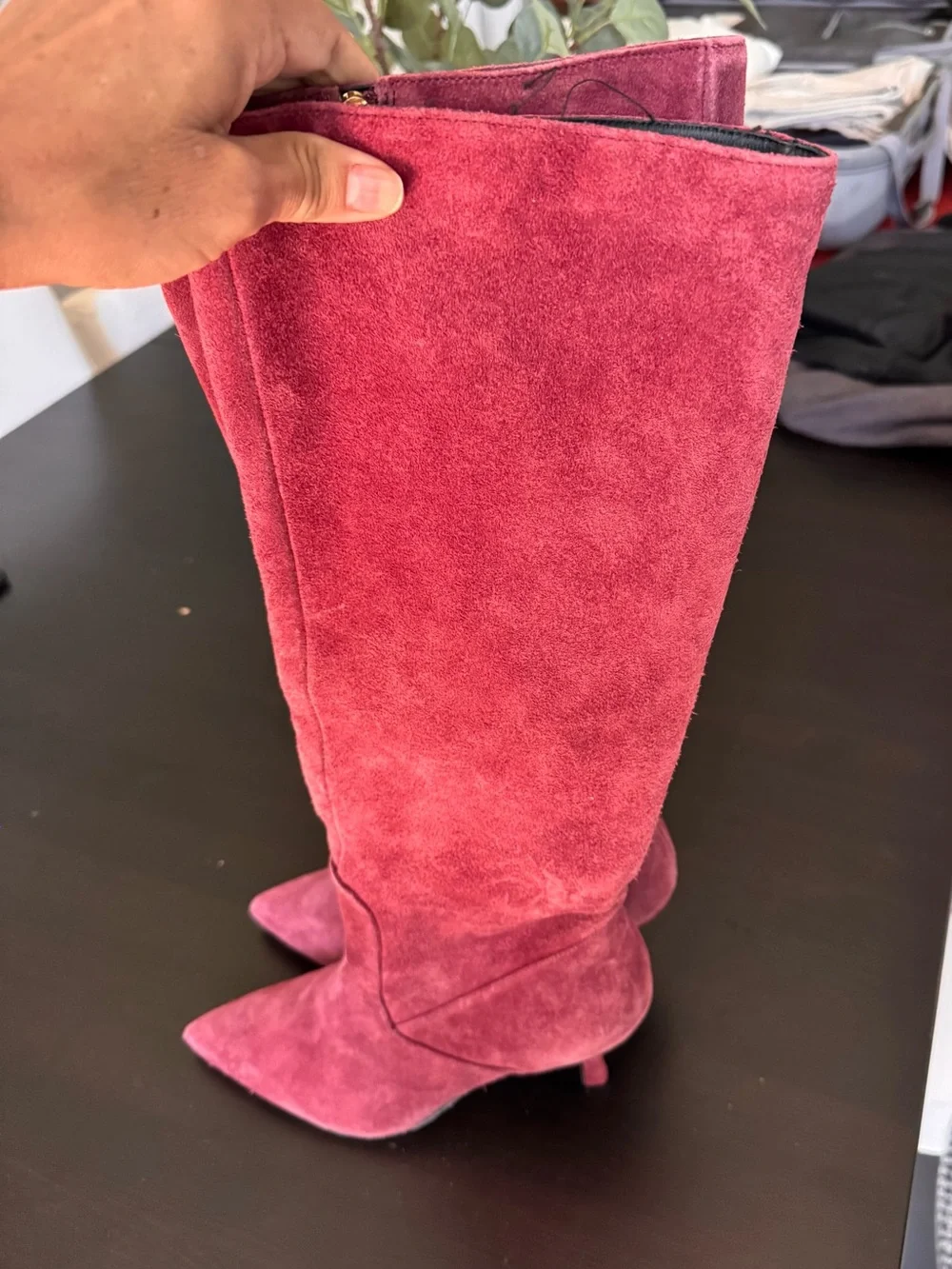 L'AGENCE Burgundy Suede Over-the-Knee Pointed Toe Boot